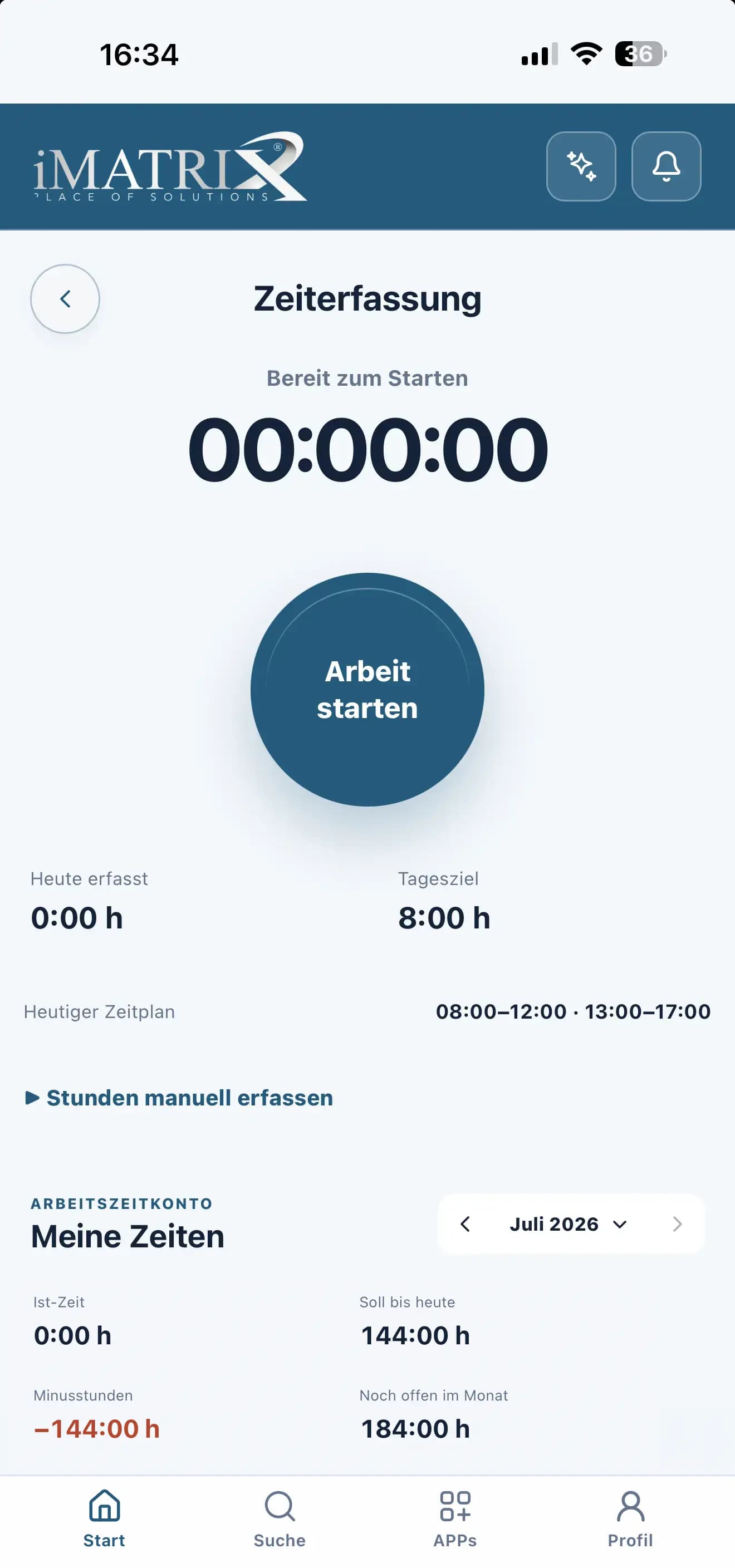 iMATRIX Zeiterfassung in der App