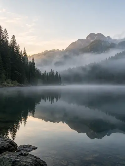 Türkiser Bergsee mit herbstlichen Bäumen