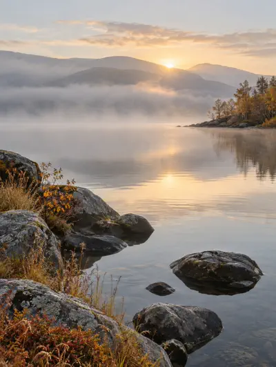 Türkiser Bergsee mit herbstlichen Bäumen