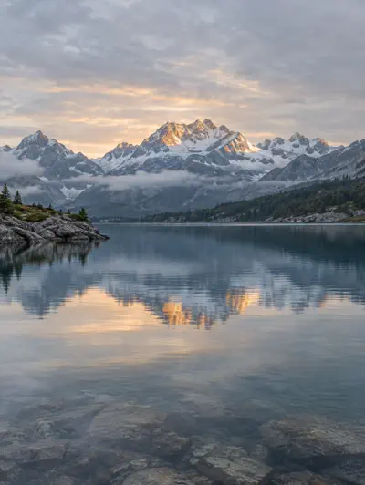 Türkiser Bergsee mit herbstlichen Bäumen