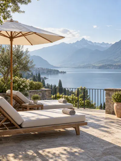 Terrasse eines Boutique-Hotels mit Seeblick