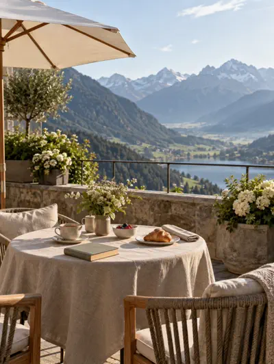 Terrasse eines Boutique-Hotels mit Seeblick