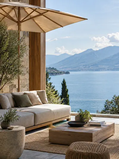 Terrasse eines Boutique-Hotels mit Seeblick