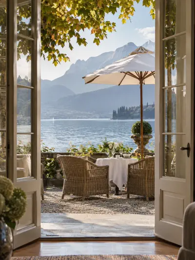 Terrasse eines Boutique-Hotels mit Seeblick