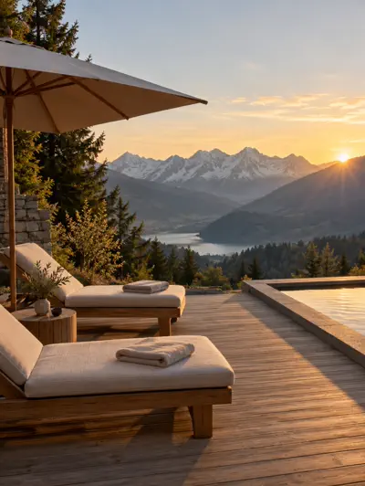Terrasse eines Boutique-Hotels mit Seeblick
