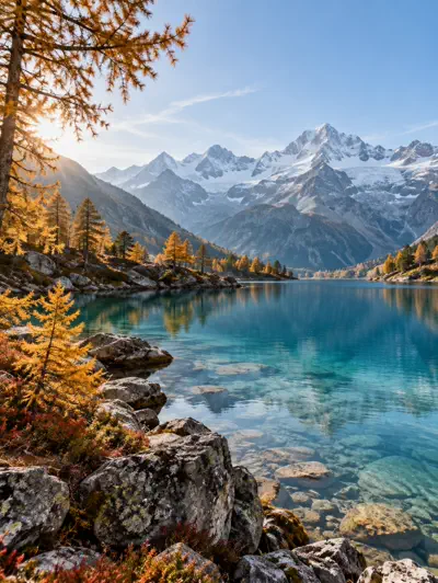Türkiser Bergsee mit herbstlichen Bäumen