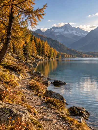 Türkiser Bergsee mit herbstlichen Bäumen