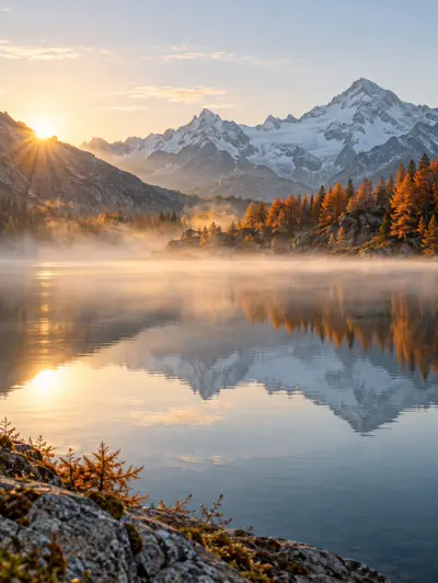 Türkiser Bergsee mit herbstlichen Bäumen
