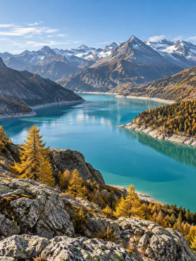 Türkiser Bergsee mit herbstlichen Bäumen
